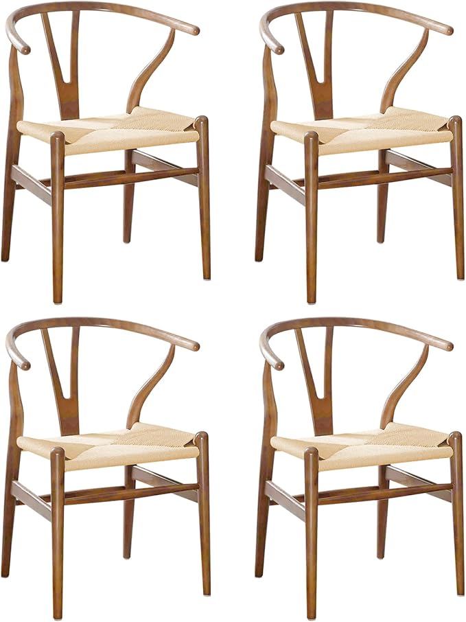 Wishbone Chair Natural Solid Wood Dining Chair/Hans Vegner Y Chair Rattan and Wood Accent Armrest Chairs Set of 4(Ash Wood - Walnut)-Ruum Studio Home