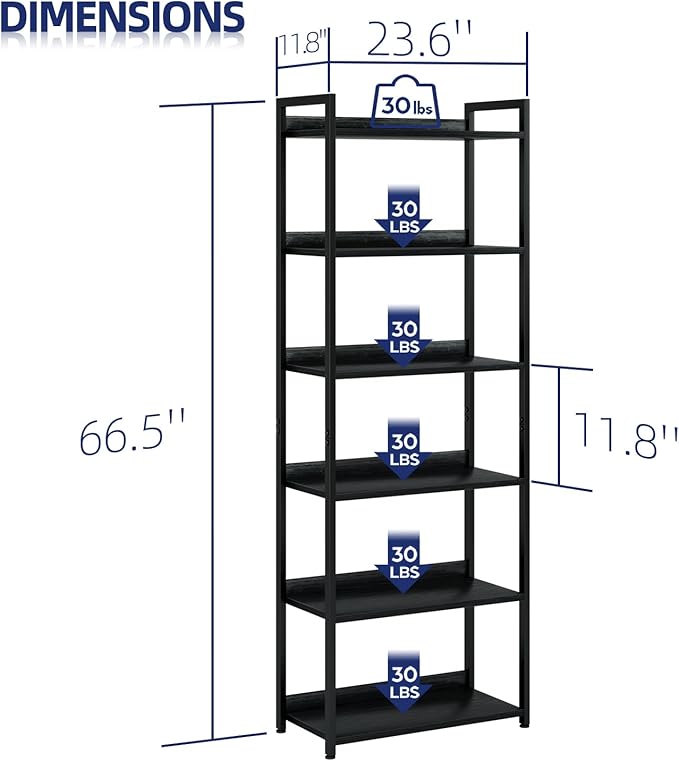 NUMENN Bookshelf, 6 Tier Bookshelves, Home Office Bookcase Shelf Storage Organizer, Free Standing Storage Shelving Unit for Bedroom, Living Room and Home Office, Black-Ruum Studio Home