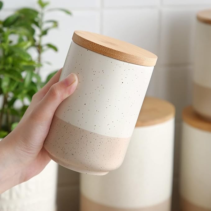 vancasso Sabine Small Ceramic Canister with Airtight Wood Lid - 18 oz Kitchen Storage for Coffee, Sugar, Tea & Spices - Compact Countertop Jar-Ruum Studio Home