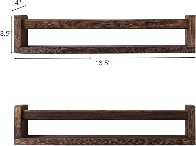 Nursery Book Shelves, Set of 2 Wood Floating Book Shelves for Kids Room, Kitchen Spice Rack, or Rustic Wall Mounted Shelves for Farmhouse Bathroom Decor (Carbon Brown)-Ruum Studio Home