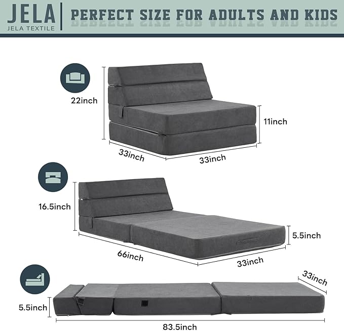 jela Foldable Sofa Bed Large Soft Foam Convertible Sleeper Chair Luxury Corduroy Fabric Fold Out Chair Bed Floor Couch with Back Support Floor Sofa for Living Room Bedroom (83"x33",Darkgrey)-Ruum Studio Home