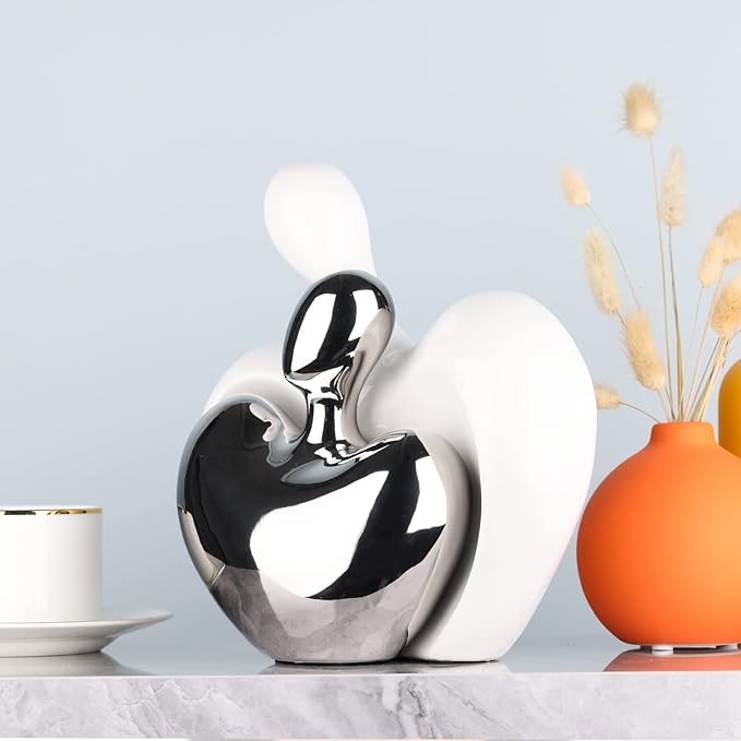 XMGZQ White and Silver Ceramic Couple Figurines Home Decor,Wedding Engagement Romantic Gift for Husband Wife,Large Male and Female Love Statue Valentine's Day Birthday,Abstract Hugging Couple-Ruum Studio Home