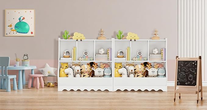 Wood Kid Storage Cubby, Toy Storage Organizer with Bookshelf, 32"L x 15"D x 31"H Montessori Toy Shelf, Nursery Book Shelves, Wooden 4-Cubby Children Book Shelf for Playroom Classroom, White-Ruum Studio Home