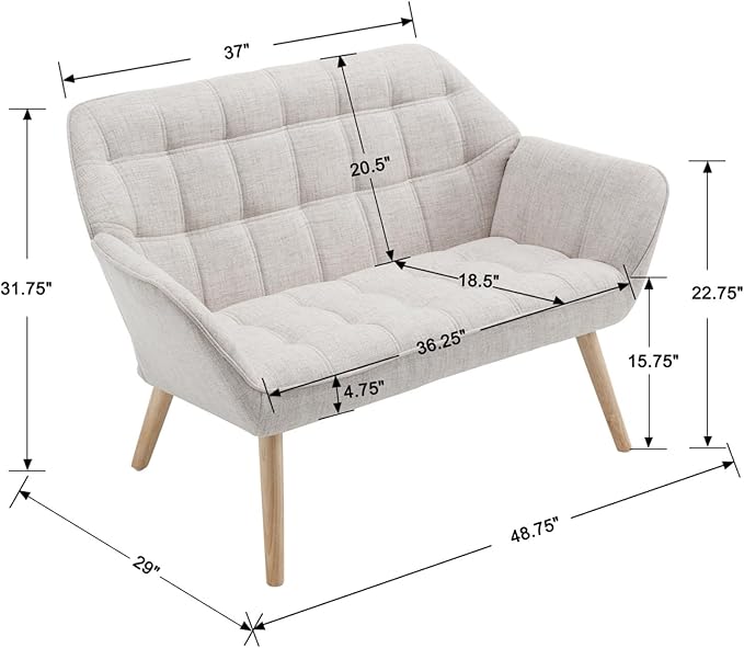 48" Small Loveseat Sofa, Modern Linen Fabric Mini Sofa Couch 2-Seater Love Seat with Quilting Backs and Wood Legs for Living Room, Bedroom and Small Space, Beige-Ruum Studio Home