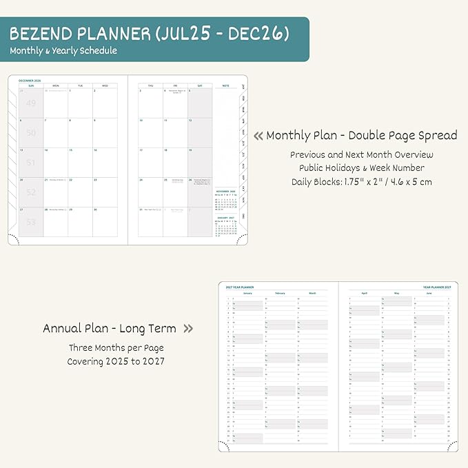 BEZEND Planner 2025-2026 Weekly and Monthly, 8.5" x 11" Academic Calendar (Jul 25-Dec 26) Vertical Daily Appointment with Hourly Timeslot & Monthly Tab, PU Leather Hardcover - Kiwi-Ruum Studio Home