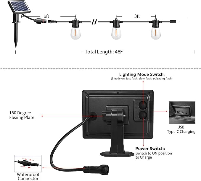 SUNTHIN Outdoor Solar String Lights, 48ft Solar Patio Lights with USB Rechargeable, Waterproof & Shatterproof Solar Powered Bulbs for Yard, Porch, Garden, Pool, Party, Camping-Ruum Studio Home