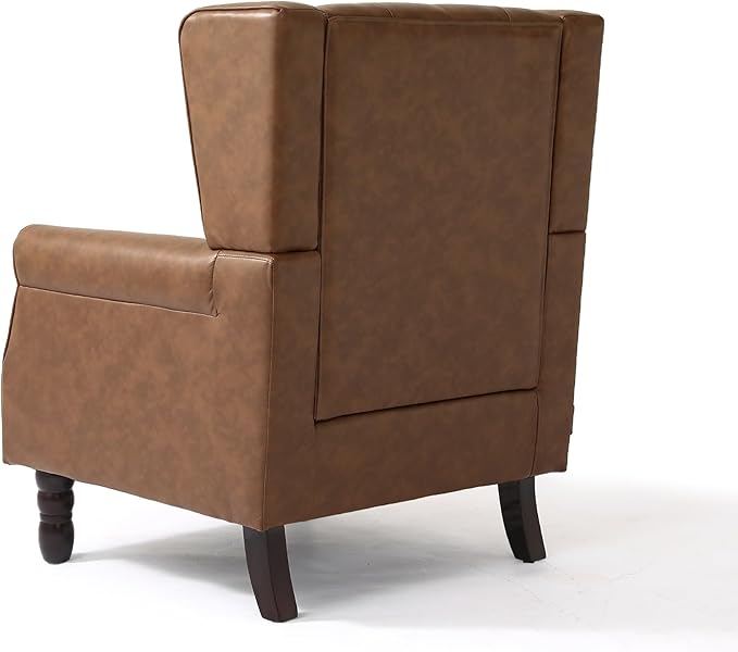 UIXE Faux Leather Accent Chair, High Back Upholstered Armchair for Living Room, Wingback Arm Chair Comfy Single Sofa Bedroom Reading Seat with Solid Wood Legs - Brown-Ruum Studio Home
