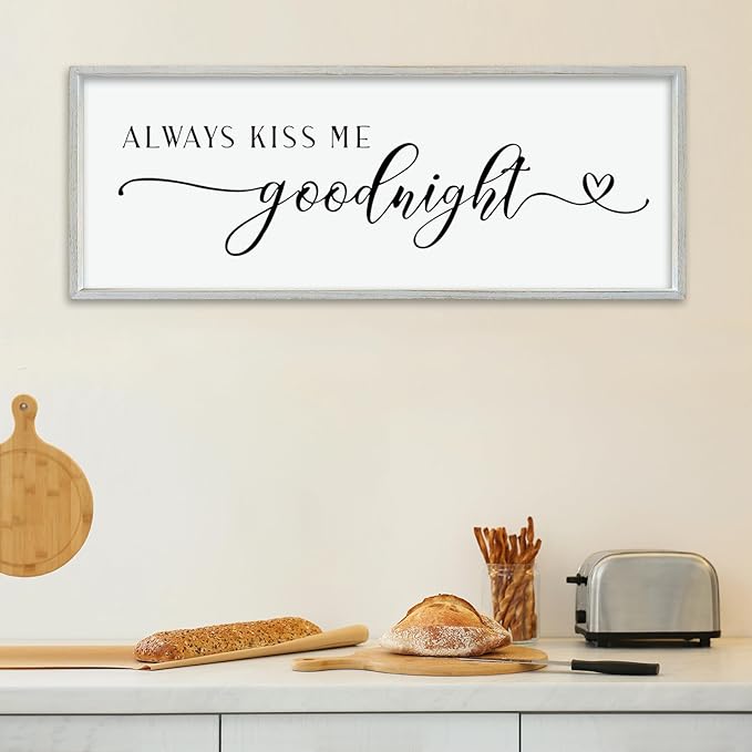 comurdyo Always Kiss Me Goodnight Sign for Bedroom Above bed Wall Decor 40''×15'' Large Wood Frame For Couples Over Bed Hanging Wall Art (White)-Ruum Studio Home