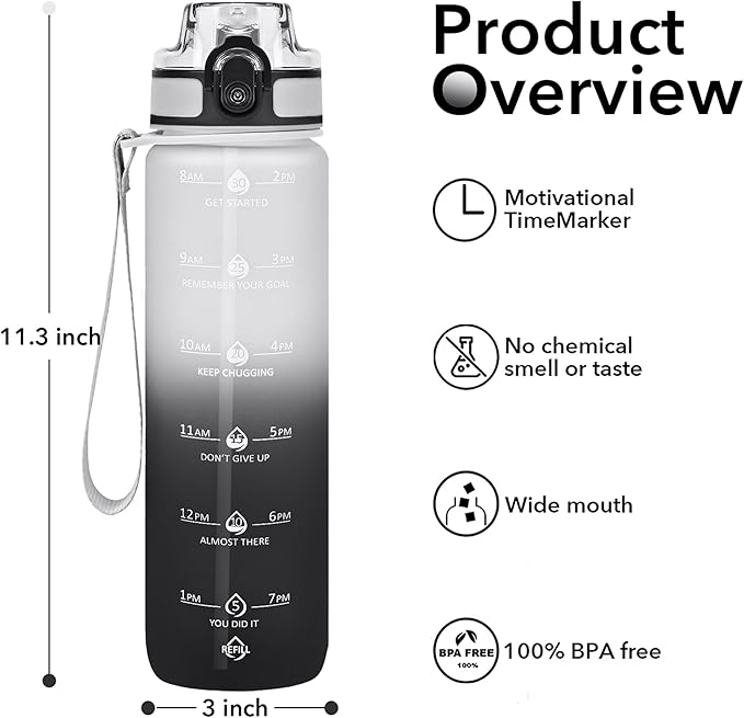32oz Motivational Water Bottles with Time Marker & Fruit Strainer, Transparent Gradient Color Water Bottle with Times to Drink, Leakproof & BPA Free, Reusable Bottle with Strap (No Straw)-Ruum Studio Home