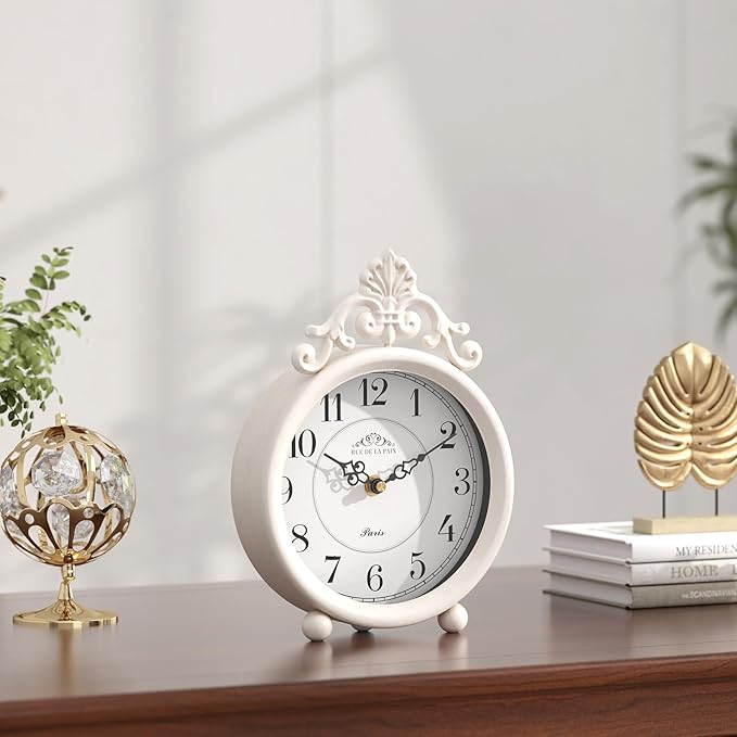 Vintage White Table Clock, Desk and Shelf Mantel Clock, French Rustic Antique Style Decor Clocks, for Farmhouse, Bedroom, Living Room, Bedside, Gift (9" H x 6.3" W)-Ruum Studio Home