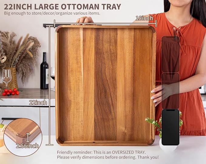 Large Wooden Ottoman Tray, Great 22"x18" Rectangle Trays for Big Ottoman Counter, Huge Kitchen Wood Serving Tray Round Corner, Living Room Coffee Table Decor Centerpiece Organizer Trays-Ruum Studio Home