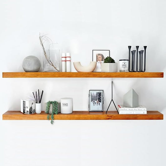 Homeforia Floating 60 inch Oak Shelves, High End Solid Real Wood 60inch Floating Shelf for Wall Mounted, Honey Oak Wooden 60in Large Floating Shelves, Heavy Duty Bracket, 60 X 6.5 X 1.75 in, Set of 2-Ruum Studio Home