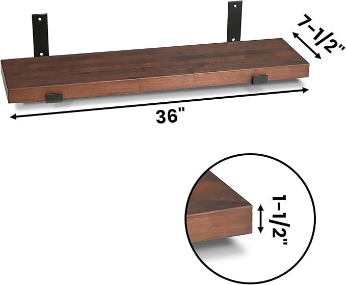 CONSDAN Floating Shelves for Wall Mounted Book Shelf Hanging Shelves Floating Bookshelf for Bedroom, Bathroom, Living Room, Kitchen USA Grown Solid Hardwood, Dark Maple 36x7.5x1.5 in (Set of 2)-Ruum Studio Home