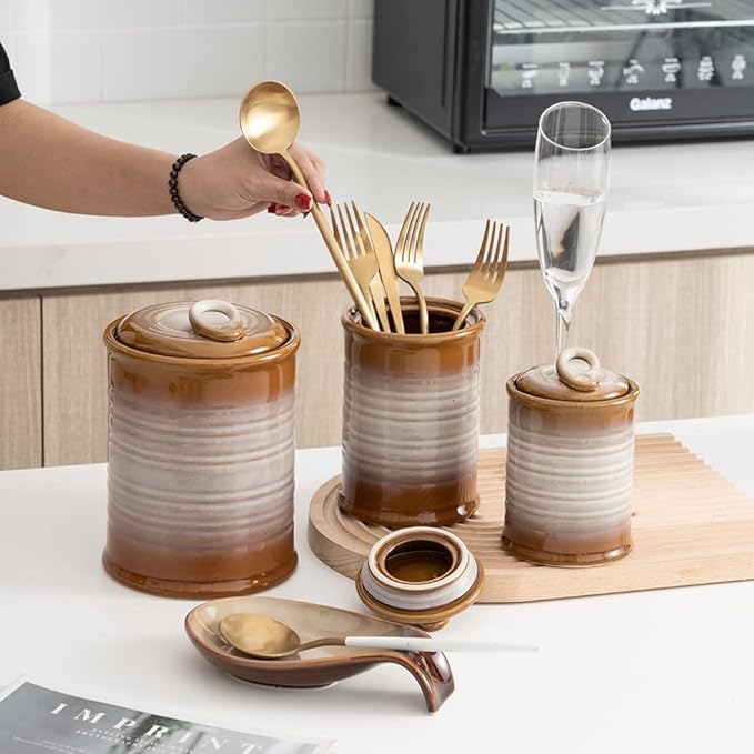 Nihow Ceramic Food Storage Jar Sets: Container with Air Tight Ceramic Lid for Flour/Sugar/Rice/Coffee/Cookies/Candy - Seal Damp-proof Canister for The Kitchen - Set of 3 （Brown）-Ruum Studio Home