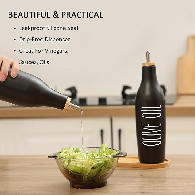 HOMCDALY Ceramic Olive Oil Dispenser for Kitchen, Stoneware 16oz Oil Cruet and Vinegar Bottles Dispenser, Kitchen Dispenser Bottle for EVOO Vinegar Syrups, Modern Farmhouse Design(B-O)-Ruum Studio Home