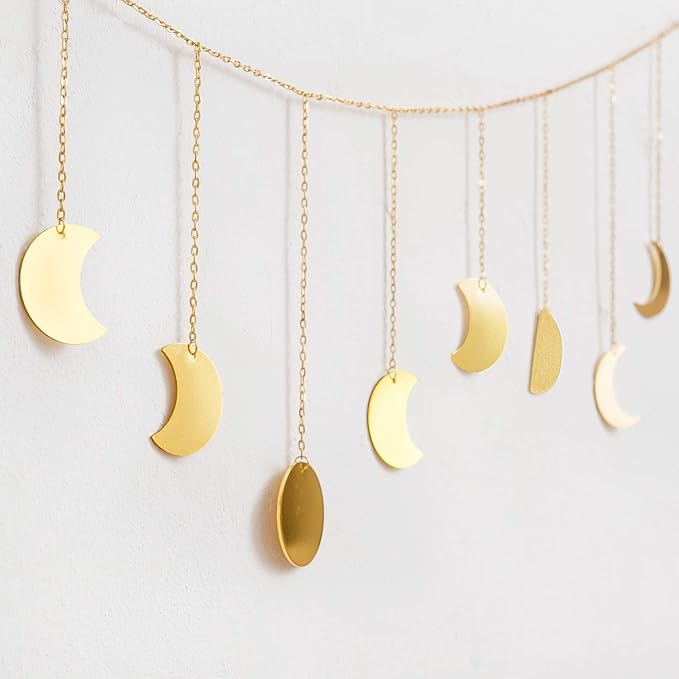 Mkono Moon Phase Wall Hanging Boho Aesthetic Room Decor Metal Moons Garland Hanging Art Bohemian Home Decoration for Girls Room Nursery Bedroom Livingroom Dorm, Ideal, Gold, 55"-Ruum Studio Home