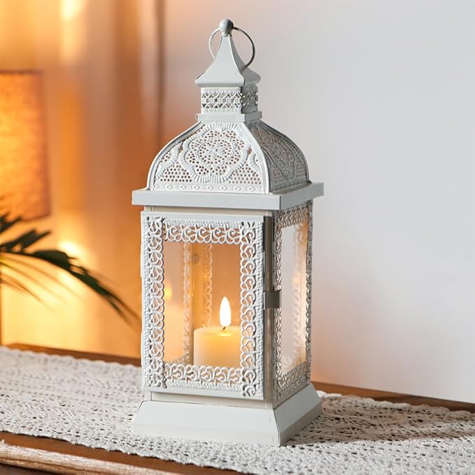TRIROCKS Rustic Style Metal Candle Lantern 13'' High Decorative Outdoor Lantern Candle Holder with Tempered Glass for Thanksgiving Christmas Living Room Garden Patio Parties Indoors Outdoors (Cream)-Ruum Studio Home