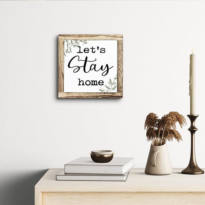 Rustic Wooden “Let’s Stay Home” Sign – Wooden Plaques Sign Table Decor, Shelf or Desk Decor, Farmhouse Living Room and Family Room Decoration, Cozy Home Accent and Housewarming Gift-Ruum Studio Home