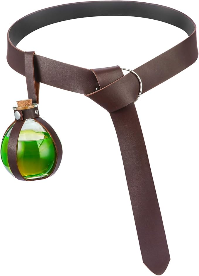 Boao Potion Bottles with Cork Set Dark Magic Cork Round Potion Bottle with Leather Belt Clear Glass Large for Halloween Costume Props DIY Crafts Decorative, 200 ml(Brown)-Ruum Studio Home