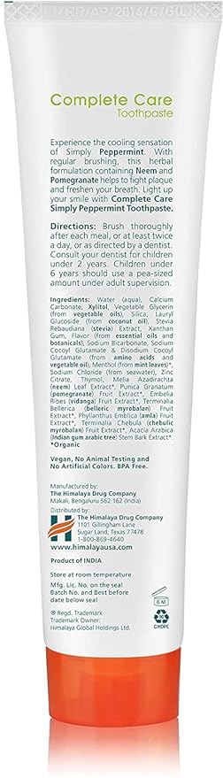 Himalaya Botanique Complete Care Toothpaste, Herbal, Peppermint Flavor, Fights Plaque, Freshens Breath, Fluoride Free, No Artificial Flavors, SLS Free, Cruelty Free, Foaming, 5.29 Oz, 1 Pack-Ruum Studio Home