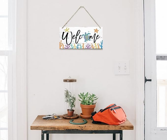 Welcome Decor Sign, Hanging Wood Sign Home Decorative, Printed Wood Wall Art Sign, Ocean Style Welcome Sign, Porch Decor, Farmhouse Front Door Wall Art Sign, Beach House Home Decor Sign 12 * 6inch-Ruum Studio Home