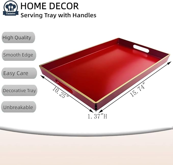 Red Decorative Tray, Rectangular Serving Tray with Handles, Plastic Coffee Table Tray for Ottoman, Living Room, Kitchen Tabletop, 15.6” x 10.2” x1.37”-Ruum Studio Home