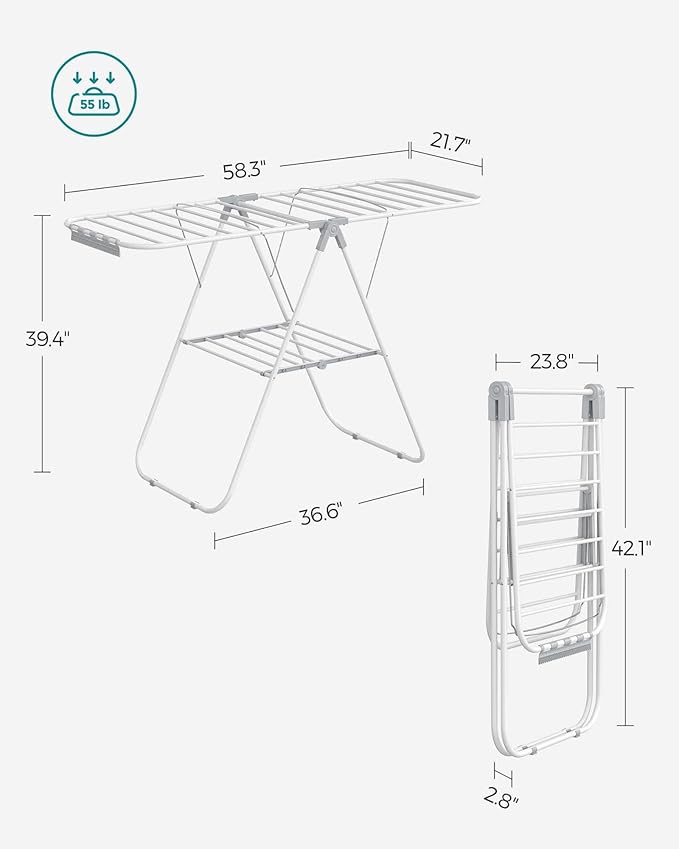 SONGMICS Clothes Drying Rack, with Sock Clips, Metal Laundry Rack, Foldable, Space-Saving, Free-Standing Airer, with 2 Height-Adjustable Gullwings, Indoor Outdoor Use, White and Gray ULLR052W02-Ruum Studio Home