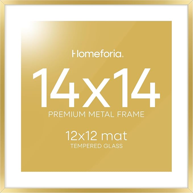 Homeforia 14x14 Picture Frame Gold, High End Metal 14 x 14 Square Poster Frame with Mat 12 x 12 Photo, 14x14 Frame Matted to 12x12 Print, 14by14 Gold Hanging Frames, Tempered Glass, Wall Kit, Set of 1-Ruum Studio Home