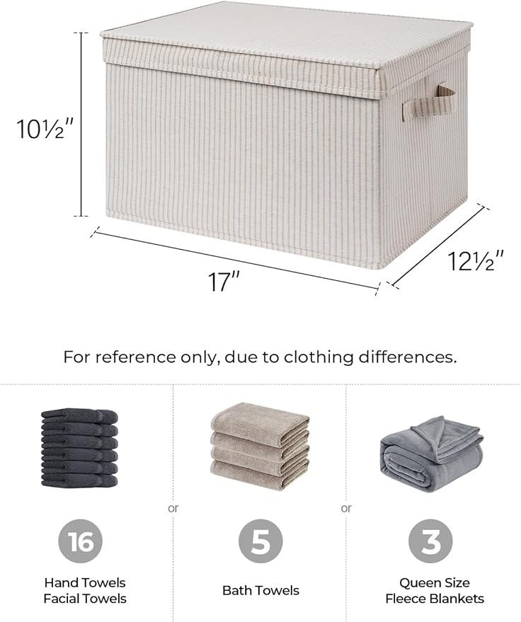 StorageWorks Storage Bins with Lids, Decorative Storage Boxes with Lid and Handles, Foldable Storage Baskets for Closet, Shelves, Stackable, Khaki Stripe, Jumbo, 3-Pack-Ruum Studio Home