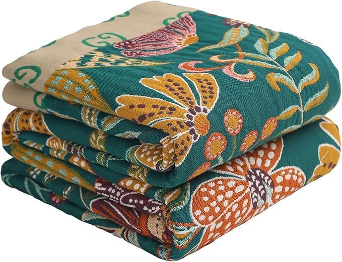 Boho Throw Blankets Reversible Luxurious Cotton Bed Throws with Vintage Bohemian Design & Yellow/Green Lightwight Floral Decor Blanket, Perfect as Bed Sofa Quilt 80" x 90"-Ruum Studio Home