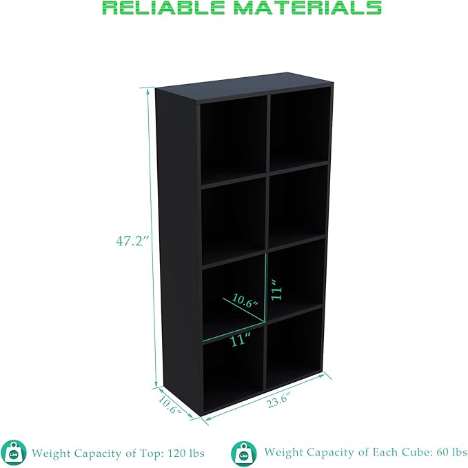 8-Cube Storage Shelf Bookcase - Wooden 4-Tier Floor Standing Open Bookshelf, Modern TV Stand up to 55 Inchs for Home and Office, Black-Ruum Studio Home