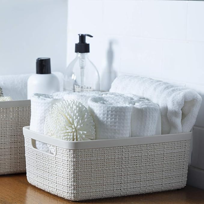 Curver Set of 8 Jute Small Decorative Plastic Organization and Storage Baskets, Perfect Bins for Home Office, Closet Shelves, Kitchen Pantry and All Bedroom Essentials-Ruum Studio Home