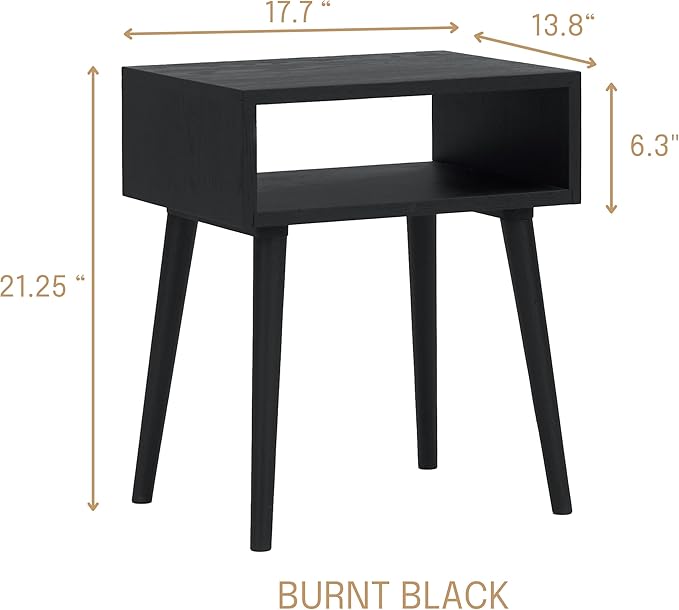 NTC Solid Oak Zoe Nightstand, Mid Century Modern Side Table Bedroom, Bedside Furniture, Night Stand, End Table, Easy Assembly - Burnt Black-Ruum Studio Home