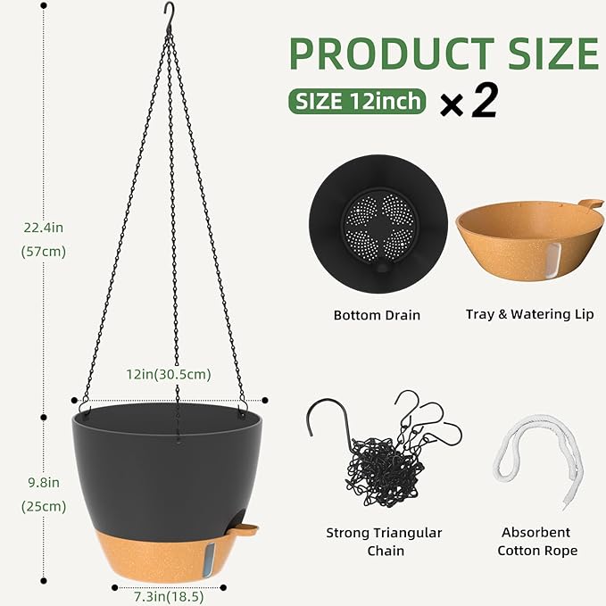 ZMTECH 12 Inch Hanging Planters for Indoor Outdoor Plants, 2 Pack Self Watering Hanging Plant Pots with Drainage Hole, Visual Reservoir, Plastic Flower Hanging Pots with Watering Lip (Black)-Ruum Studio Home