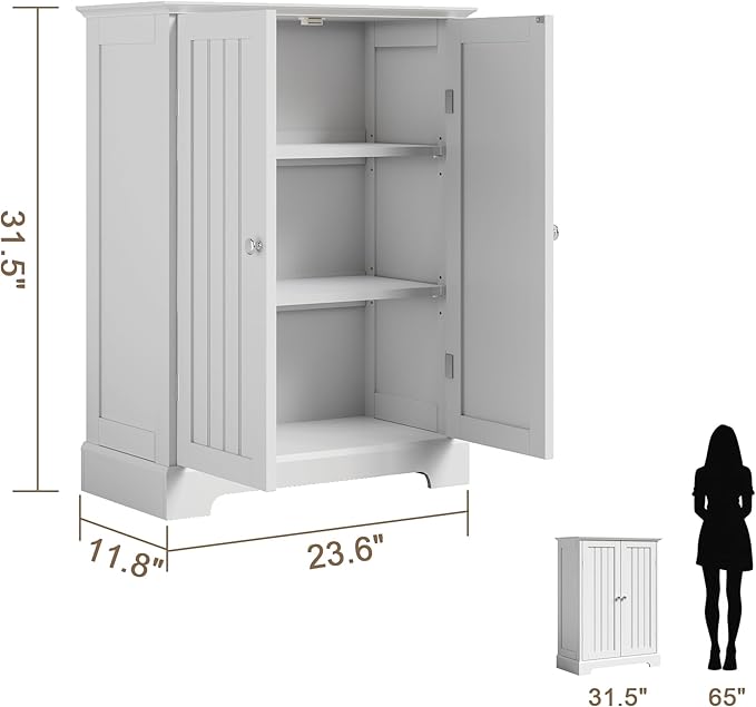 ChooChoo Bathroom Floor Cabinet, Modern Bathroom Storage Cabinet with 2 Doors and Adjustable Shelves, Freestanding Cupboard for Living Room, White-Ruum Studio Home