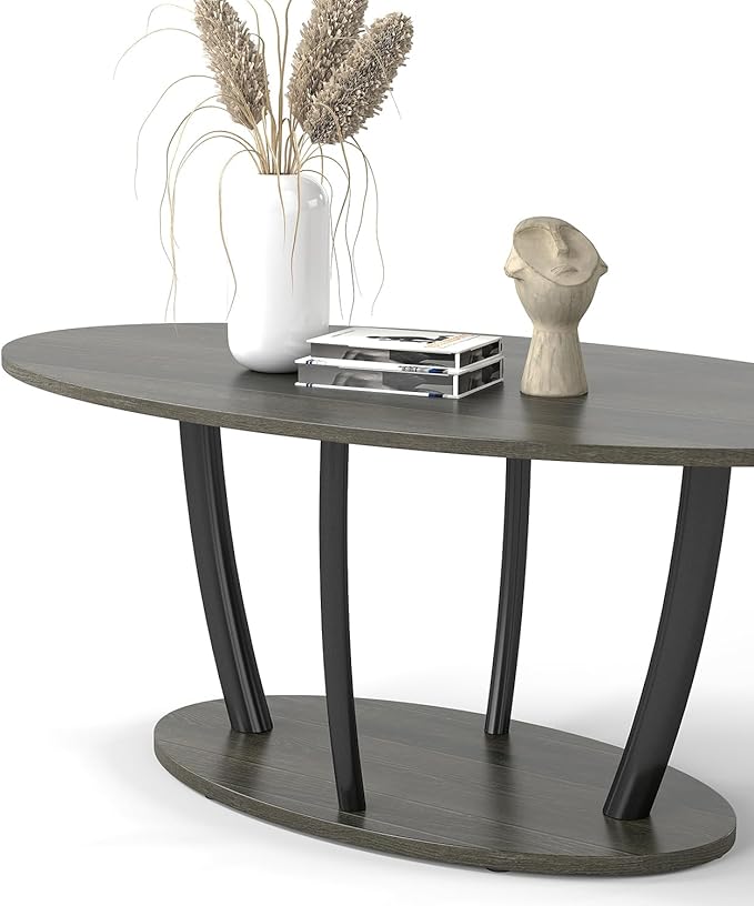 Manora Small Oval Coffee Table with Storage, Rustic Farmhouse Industrial Center Table for Living Room, VintageTea Table for Small Spaces, Gray-Ruum Studio Home