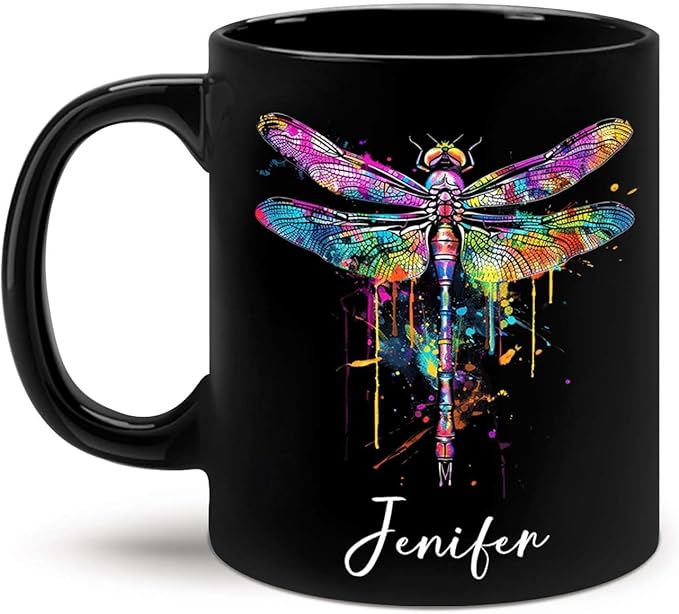 Colorful Dragonfly Ceramic Cup - Personalized Name Coffee Mug for Birthday, Gift for Son Daughter, Customized Black Animal Mug, Dragonfly Lover Cup 11oz 15oz-Ruum Studio Home