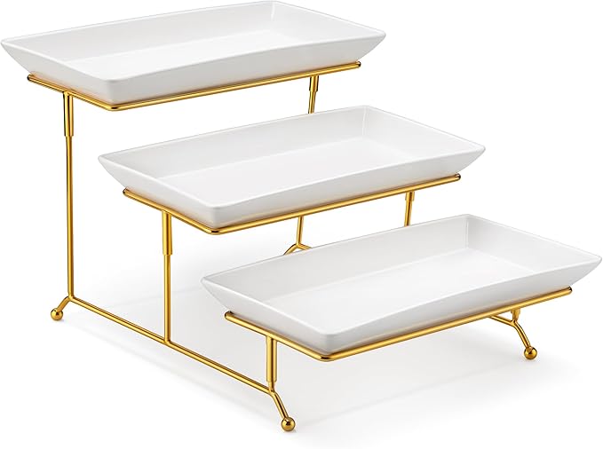 MALACASA 3 Tier Serving Trays for Party, 12 Inch Porcelain White Trays for Serving Food, Dessert Stand with Collapsible Gold Metal Rack-Ruum Studio Home