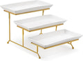 MALACASA 3 Tier Serving Trays for Party, 12 Inch Porcelain White Trays for Serving Food, Dessert Stand with Collapsible Gold Metal Rack-Ruum Studio Home