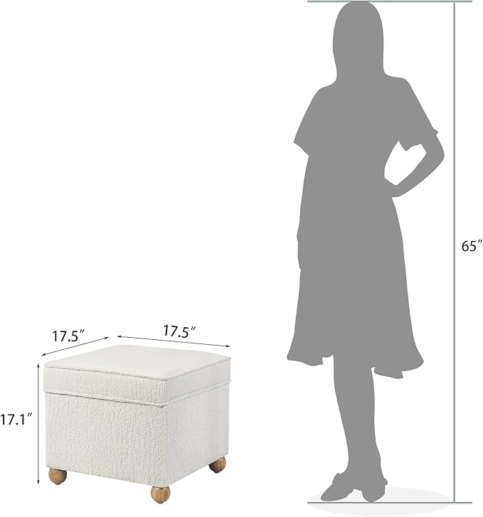 Adeco 17 Inch High Faux Fur White Cube Ottoman Storage, 3D Embossed Velvet Chair Foot Stools, Upholstered Vanity Stool with Hinged Lid, Solid Round Wood Legs-Ruum Studio Home