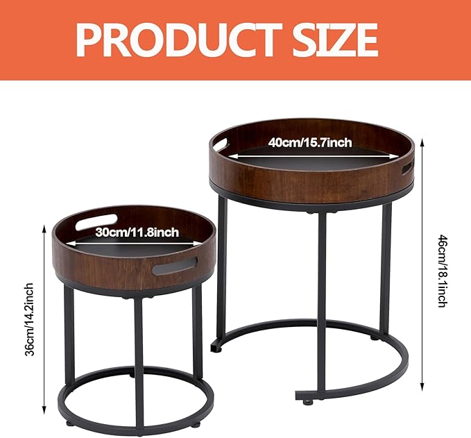 Nesting Coffee Table Set of 2, Small Round Stacking Side Table Set with Metal Frame, Nesting Tables for Living Room Bedroom Office Balcony (Wood, 2)-Ruum Studio Home