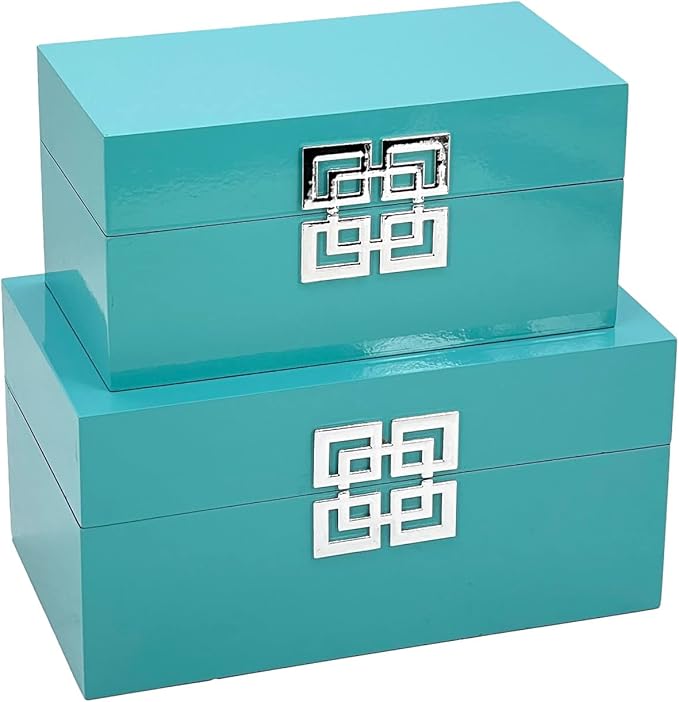 Galt International Large & Small Decorative Storage Box w/Hinged Lid - Classic Design Wood Decor Boxes with Geometric Opening Clasp - Storage for Bedroom and Home - Set of 2 (Blue)-Ruum Studio Home