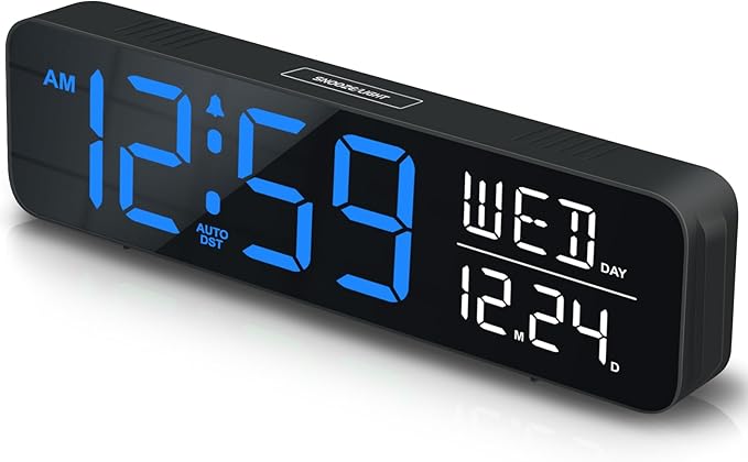Peakeep Large Display Digital Alarm Clock for Bedrooms, Date Day of Week Calendar Desk Table Clocks for Living Room Office, Dimmable Plug in Electric Clock, 5 Volumes, Loud, Auto DST-Ruum Studio Home