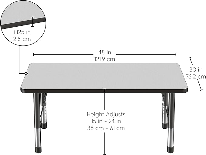 FDP Rectangle Activity School and Classroom Kids Table (30 x 48 inch), Chunky Toddler Legs, Adjustable Height 15-24 inches - Gray Top and Black Edge-Ruum Studio Home