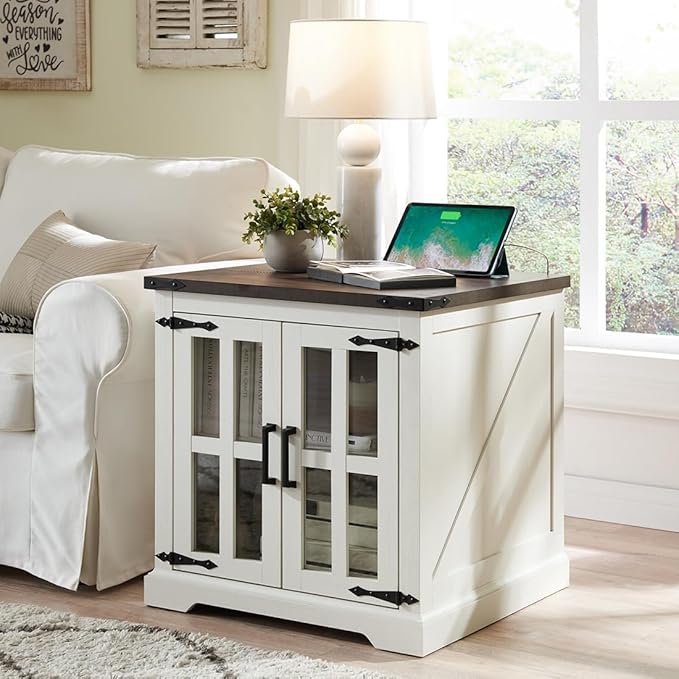 Farmhouse End Table with Charging Station,24" Large Sofa Side Table with Glass Barn Door, Rustic Wood Nightstand Bedside Table with Adjustable Storage Shelf for Living Room, Bedroom,White-Ruum Studio Home