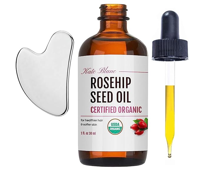 Kate Blanc Cosmetics Rosehip Oil for Face with Stainless Gua Sha (1oz, Organic, Pure, Cold Pressed) Rosehip Seed Face Oil for Gua Sha Massage-Ruum Studio Home