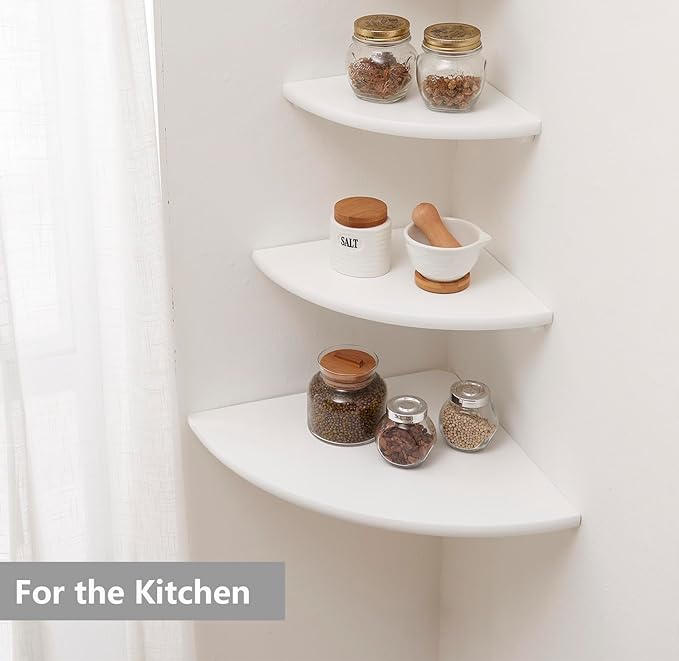 Corner Shelf, White Solid Oak Wood Floating Corner Shelves Wall Mount Round End Floating Speaker Rack Display Shelf for Small Plant Photo Frame (White, 13.8in)-Ruum Studio Home