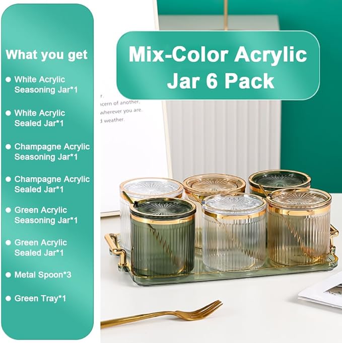 Acrylic Condiment Spice Jars,Condiment Spice Box With Lids and Spoons and Tray,Clear Plastic Condiment Canisters,Seasoning Box 6 Pack,Seasoning Box Set for Kitchen to Storage Salt,Paprika,Sugar-Ruum Studio Home