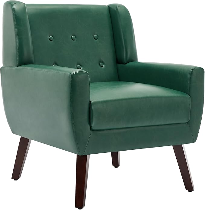 UIXE Faux Leather Accent Chair, Modern Arm Club Chair Upholstered Armchair for Living Room, Comfy Single Sofa Seats Button Tufted Reading Seating, Green-Ruum Studio Home