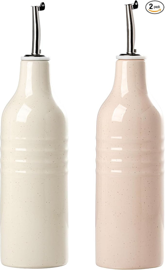 famiware Jupiter 16oz Ceramic Olive Oil Dispenser Bottle, Olive Oil and Vinegar Dispenser Bottle Set of 2 with Stainless Steel Pourers, Suitable for Storage Vinegar, Vanilla White & Light Pink-Ruum Studio Home